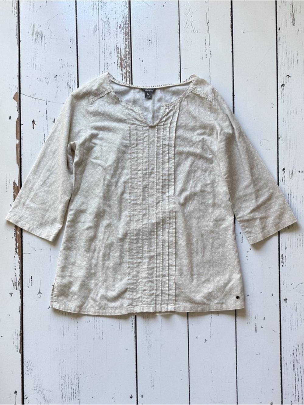 Eddie Bauer Cream Linen Cotton Tunic Top Small Pintuck 3/4 Sleeve Boho
